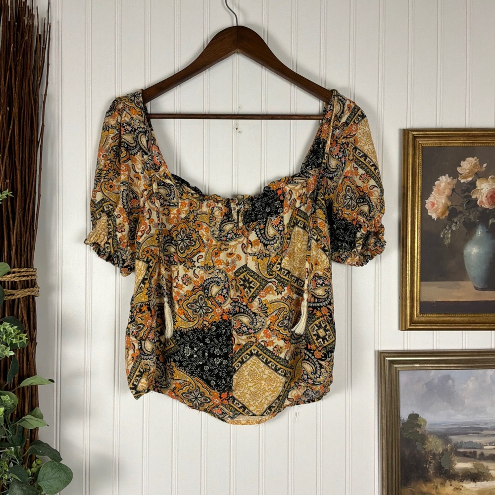 Cupcake and Cashmere Top Medium Orange Excellent Paisley Boho Peasant Blouse